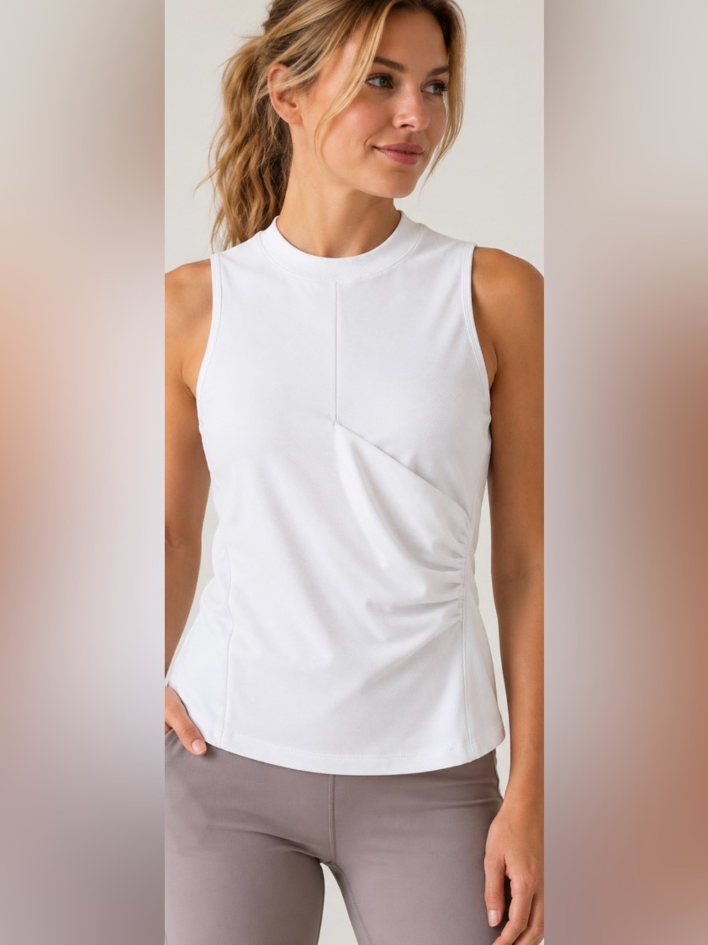 Athleta Ribbed Mock Neck Ruched Wrap Sleeveless Top White M